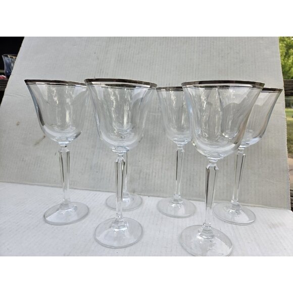 Set 6 Mikasa Briarcliffe Water Goblet Glasses 8 3/8" Blown Glass Dbl Silver Strp - Picture 1 of 10